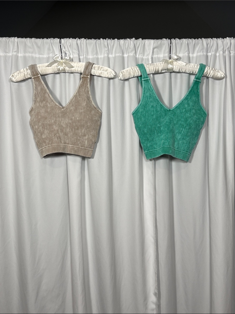 Set of 2 Zenana Ribbed V-Neck Crop Bralette in Beige and Teal